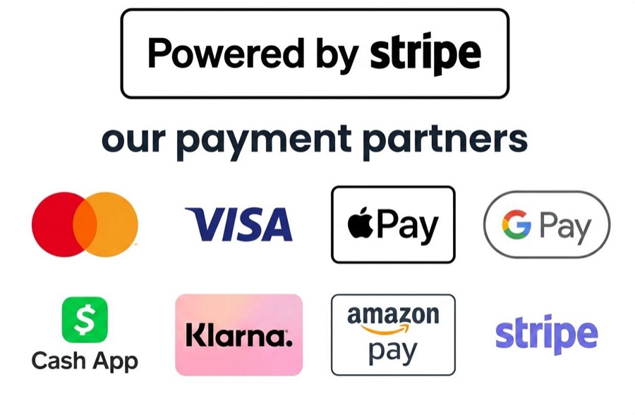 Powered by Stripe — Mastercard, Visa, Apple Pay, Google Pay, Cash App, Klarna, Amazon Pay